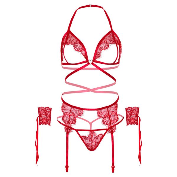 LEG AVENUE - FOUR PIECES SET BRA, G-STRING, GARTER BELT & WRIST CUFFS ONE SIZE - RED - Afbeelding 5