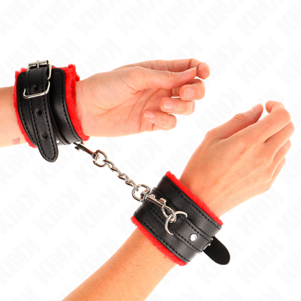 KINK - PREMIUM FUR LINED WRIST RESTRAINTS RED WITH BLACK BELT ADJUSTABLE 17-29 CM X 6 CM - Afbeelding 3