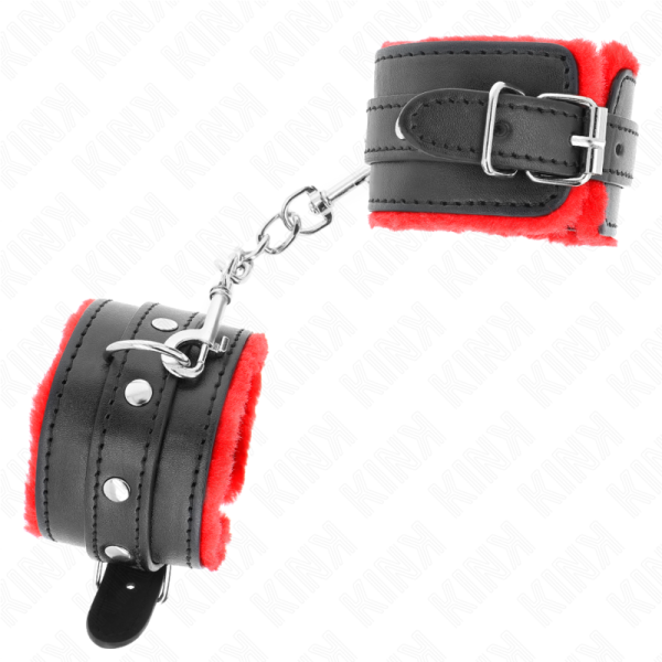 KINK - PREMIUM FUR LINED WRIST RESTRAINTS RED WITH BLACK BELT ADJUSTABLE 17-29 CM X 6 CM - Afbeelding 2